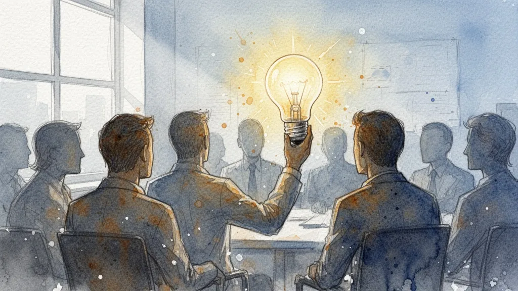 Watercolor silhouettes of office team with a champion holding a glowing lightbulb