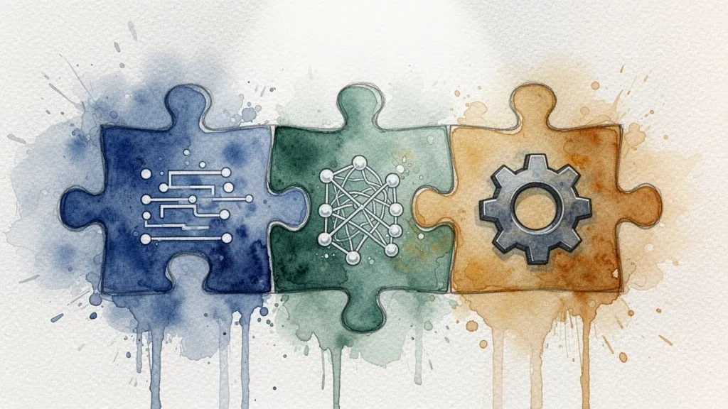 Watercolor puzzle pieces of data, AI, and process interlocking
