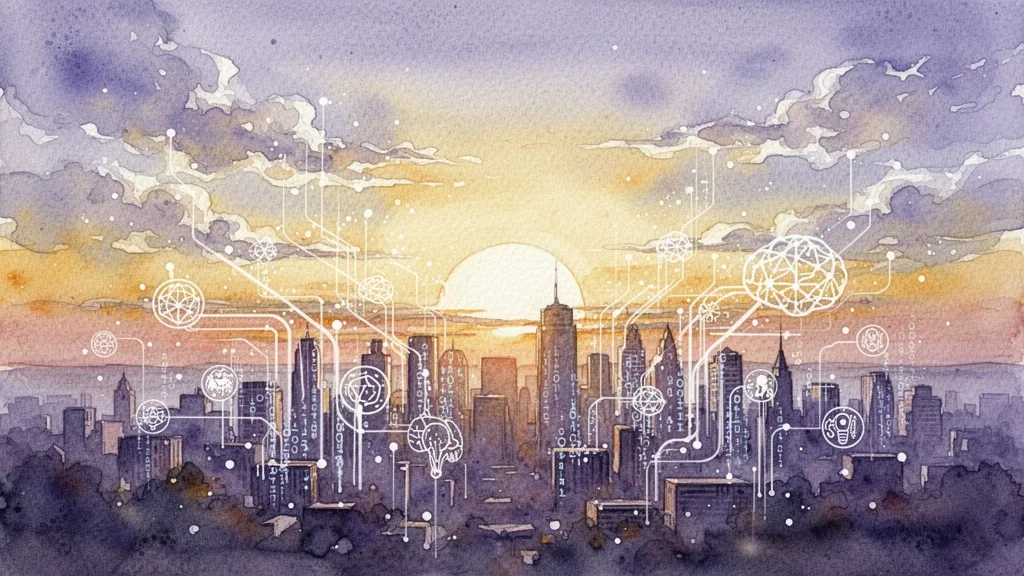 Watercolor sunrise over city with data streams and AI network symbols