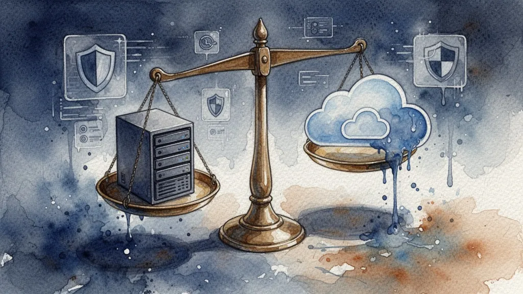 Balanza entre servidor local y nube en acuarela, simbolizando trade-offs