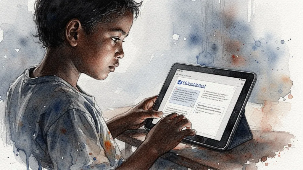 Estudiante usando tablet para aprendizaje digital, acuarela. Avances científicos.