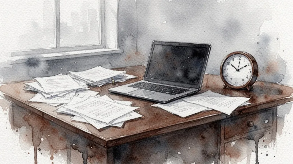 Escritorio con papeles y computadora en acuarela representando productividad