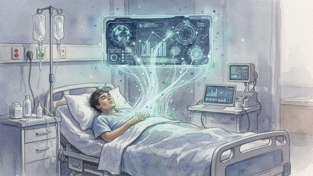 Acuarela abstracta de IA en hospital con flujo de datos