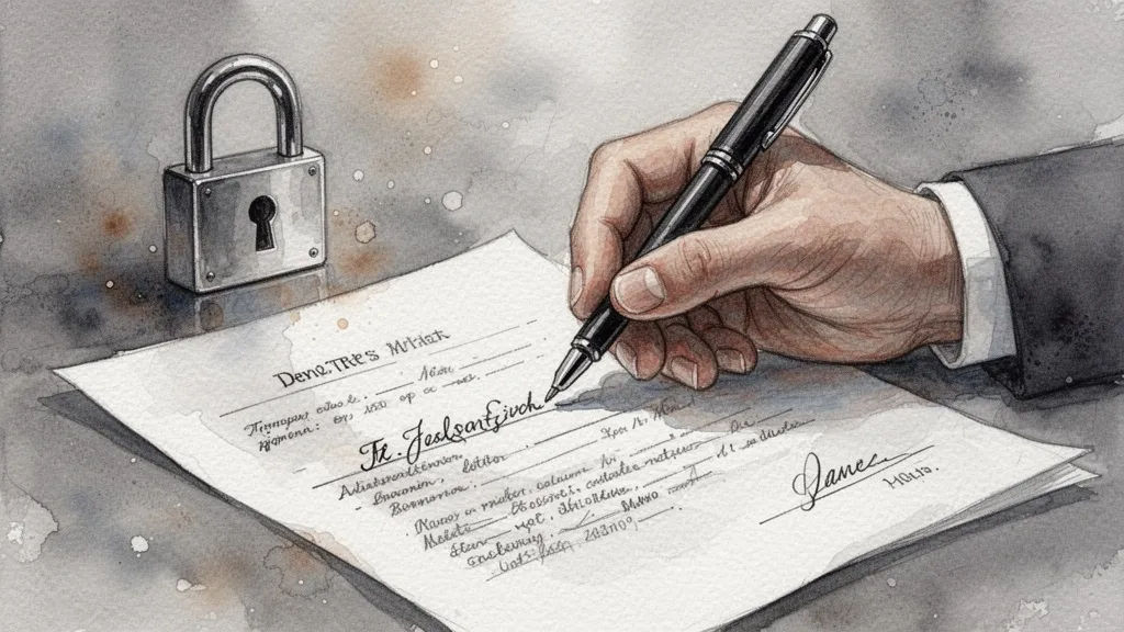 Acuarela de mano firmando documento con candado digital