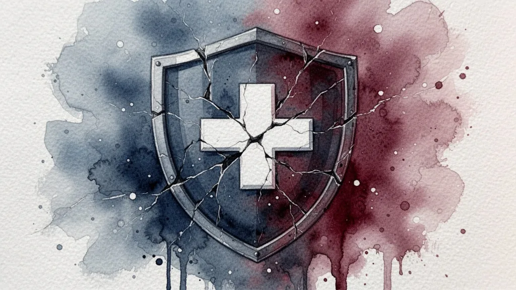 Acuarela de escudo digital agrietado con cruz médica
