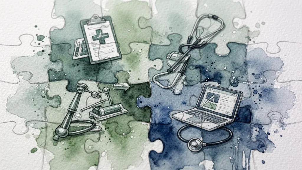 Acuarela de piezas de rompecabezas: símbolos médicos, legales y tecnológicos