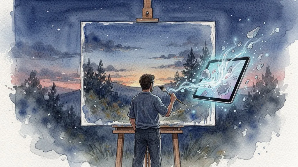 Artista pintando junto a una tableta digital que emite formas abstractas, acuarela azul nocturna