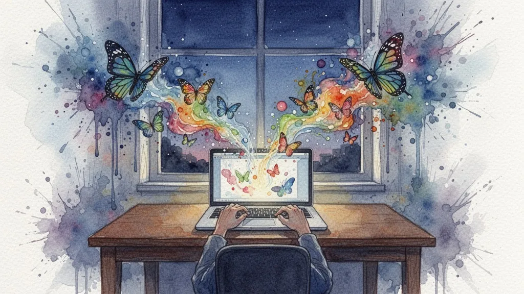Persona escribiendo en un portátil con formas abstractas que se convierten en mariposas de colores