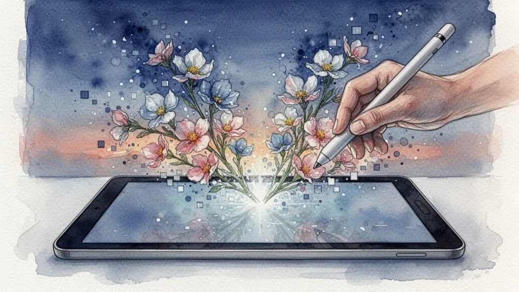 Mano con lápiz óptico tocando una tableta de la que brotan flores de acuarela
