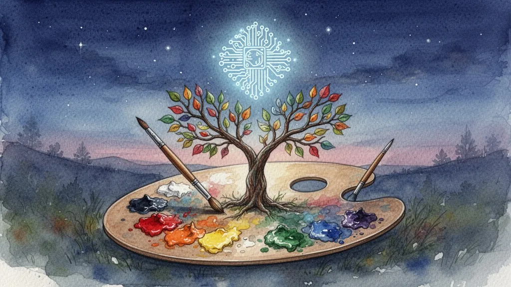 Paleta de pintor con un símbolo de IA brillante y un árbol de colores surgiendo