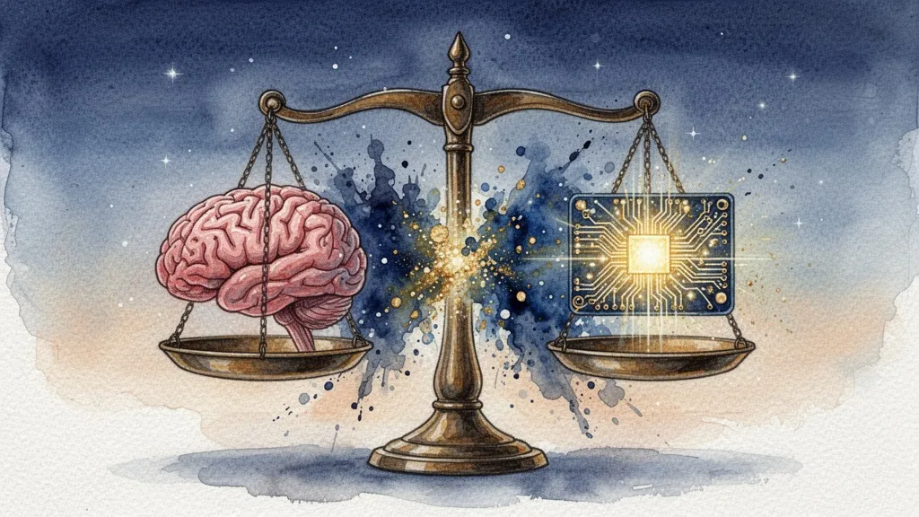 Balanza con un cerebro humano y un circuito brillante en equilibrio, acuarela azul y dorada