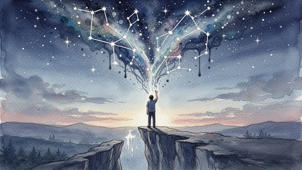 Persona en un acantilado lanzando pintura acuarela al cielo estrellado que forma nuevas constelaciones