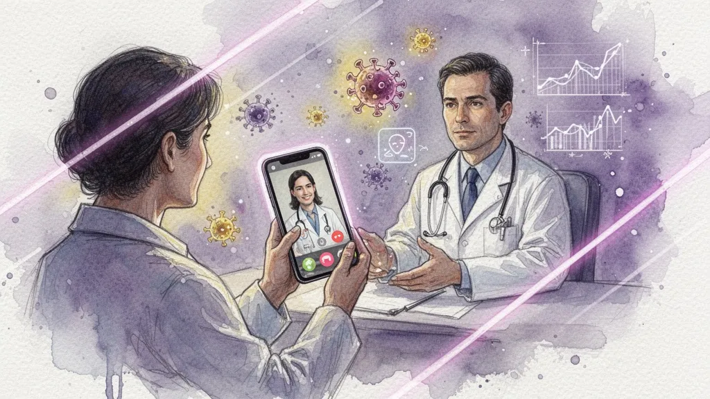 Persona en videollamada médica con iconos de vigilancia de brotes en acuarela