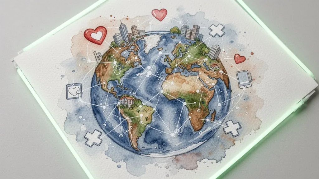 Globo digital con conexiones sanitarias en acuarela representando salud pública global