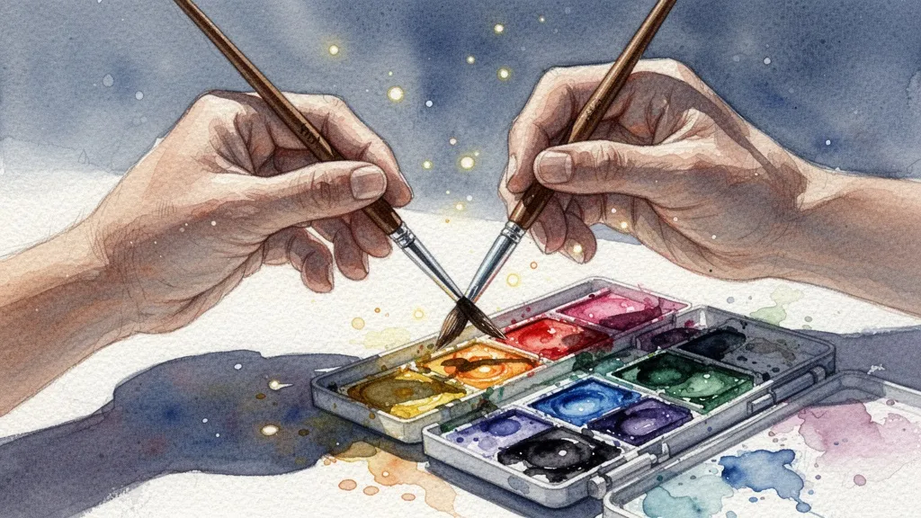 Mano pintando con acuarela rodeada de puntos luminosos que simbolizan la implementación cuidadosa de agentes de IA