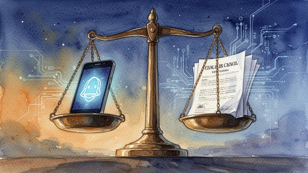 Acuarela de una balanza con un teléfono y documentos legales, representando el equilibrio entre conveniencia y derechos en identidad digital