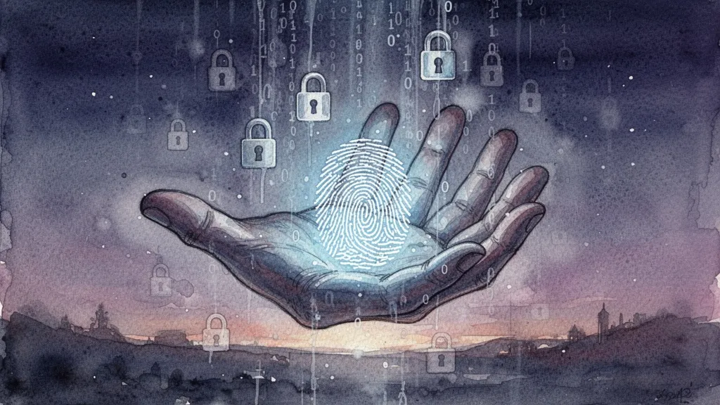 Acuarela de una mano con huella dactilar brillante y candados cayendo, simbolizando privacidad y datos biométricos