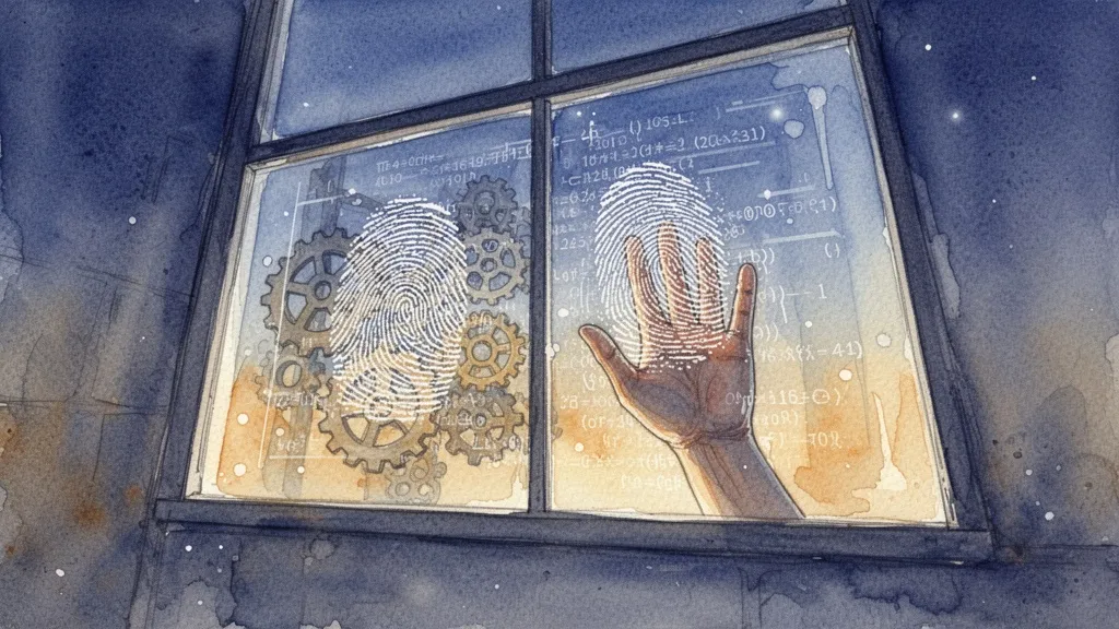 Acuarela de una ventana de cristal con huella dactilar y engranajes internos visibles, representando transparencia algorítmica