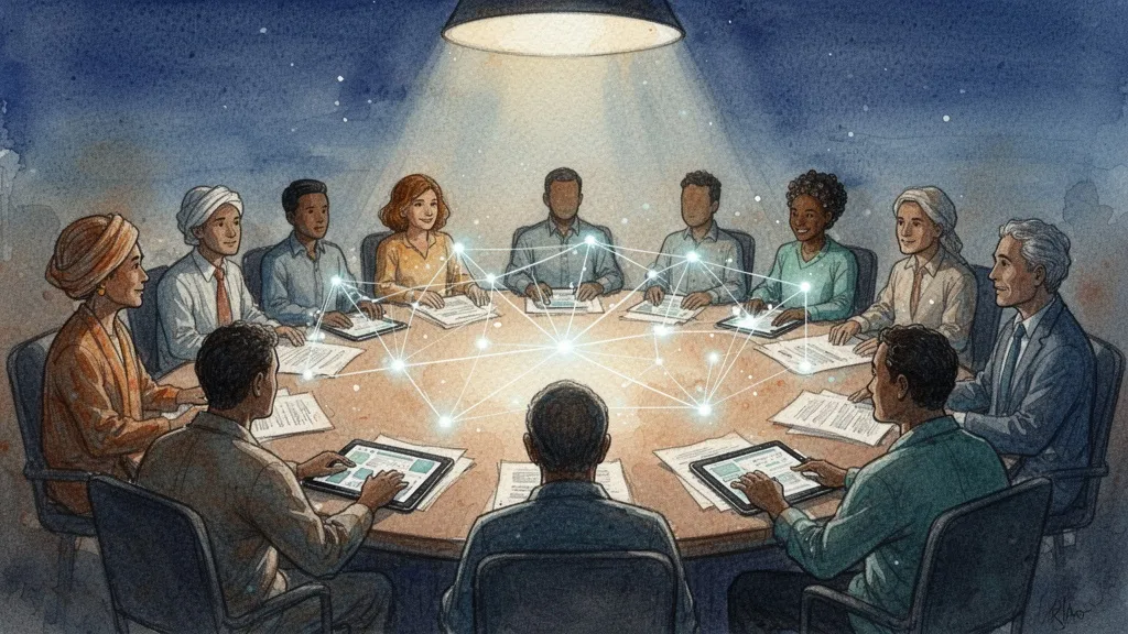 Acuarela de una mesa redonda con siluetas diversas y dispositivos digitales, simbolizando gobernanza participativa