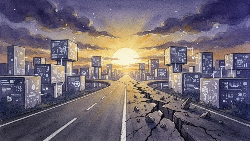 Acuarela de un amanecer sobre una ciudad digital con caminos divergentes, simbolizando la elección entre un futuro equitativo o sesgado
