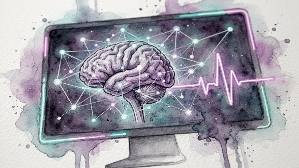 Acuarela de inteligencia artificial conectada a historia clínica digital y salud