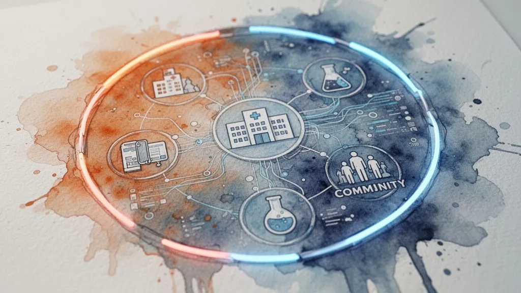 Acuarela de integración de datos en salud pública digital con IA
