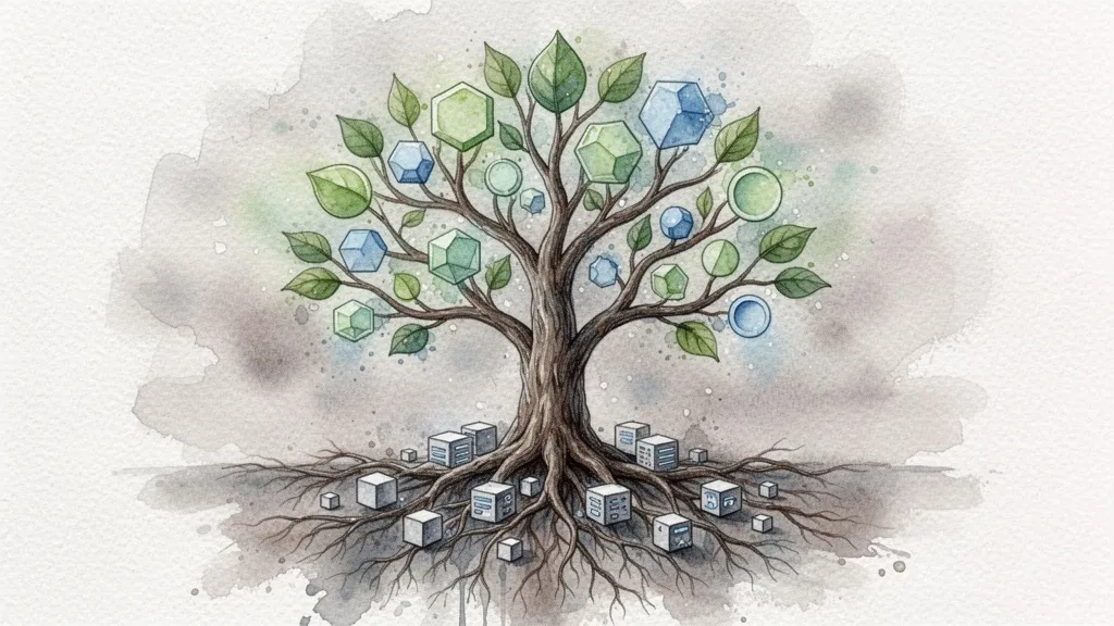 Árbol de acuarela con raíces y ramas geométricas simbolizando escalabilidad e innovación