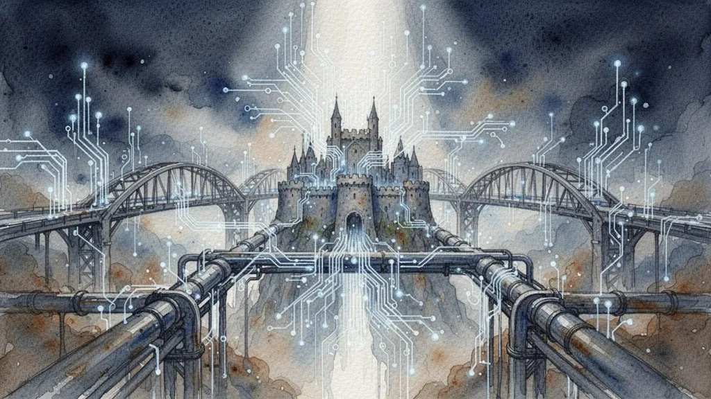 Watercolor of interconnected circuit bridges as infraestructuras críticas digitales