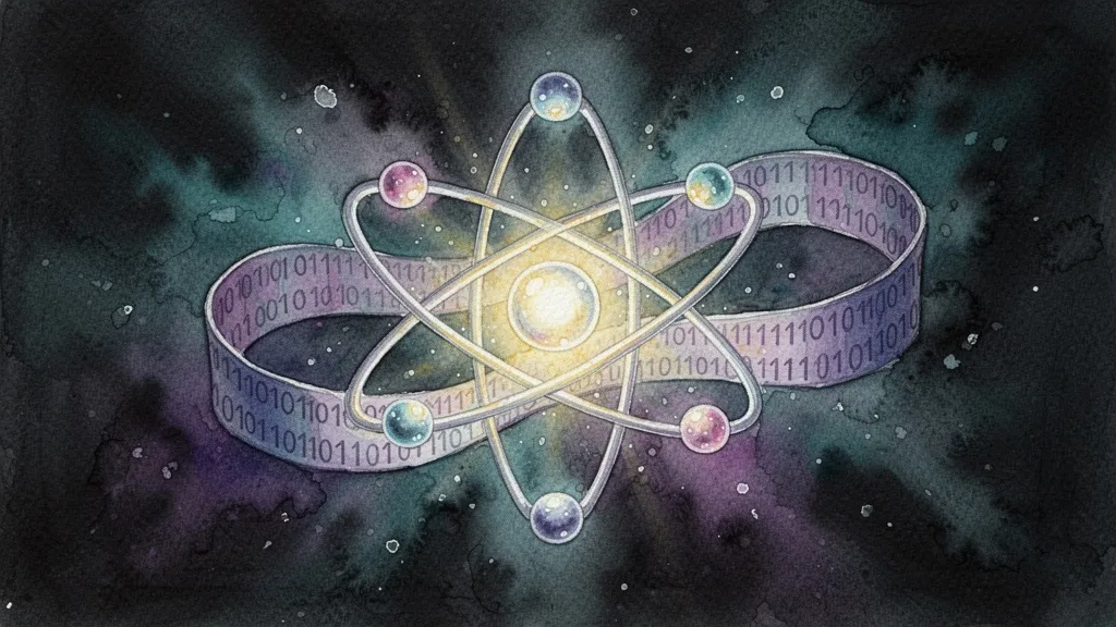 Watercolor of quantum atom and binary code representing avances científicos in ciberseguridad