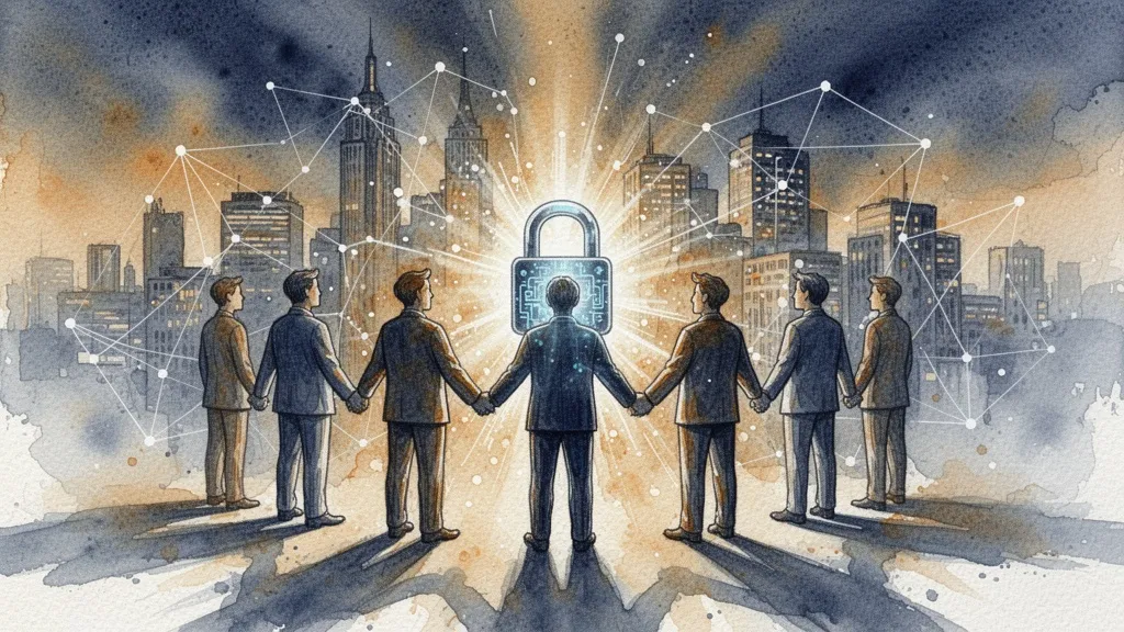 Watercolor of people surrounding a digital lock representing cultura tecnológica de ciberseguridad