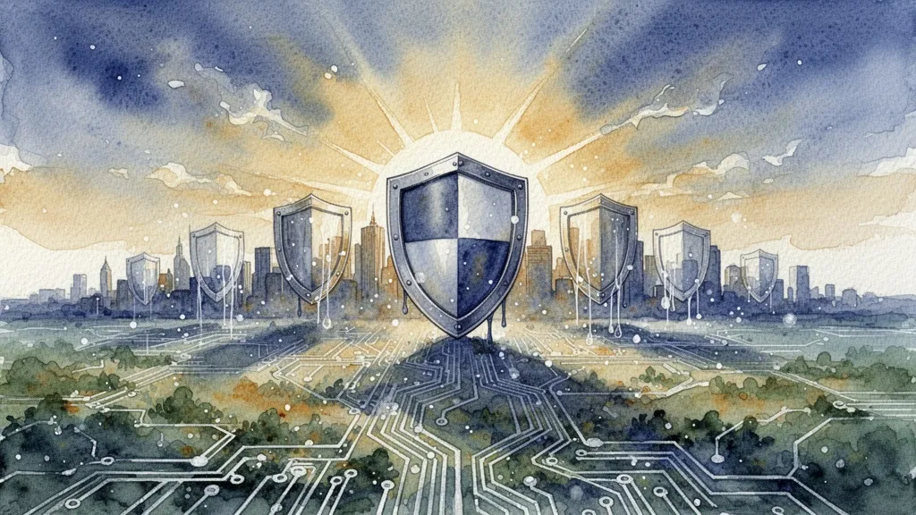 Watercolor sunrise over secure digital cityscape representing futuro resiliente de ciberseguridad