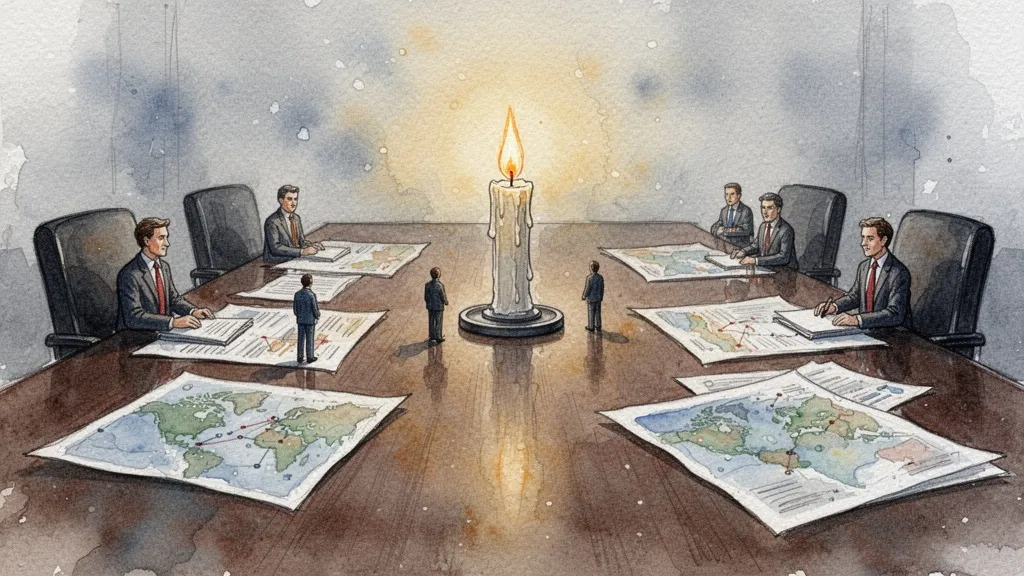 Sala de juntas con figuras miniatura y mapas de acuarela, planificación estratégica