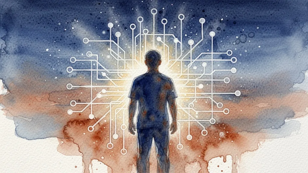 Watercolor of a person facing an algorithmic grid representing AI hiring
