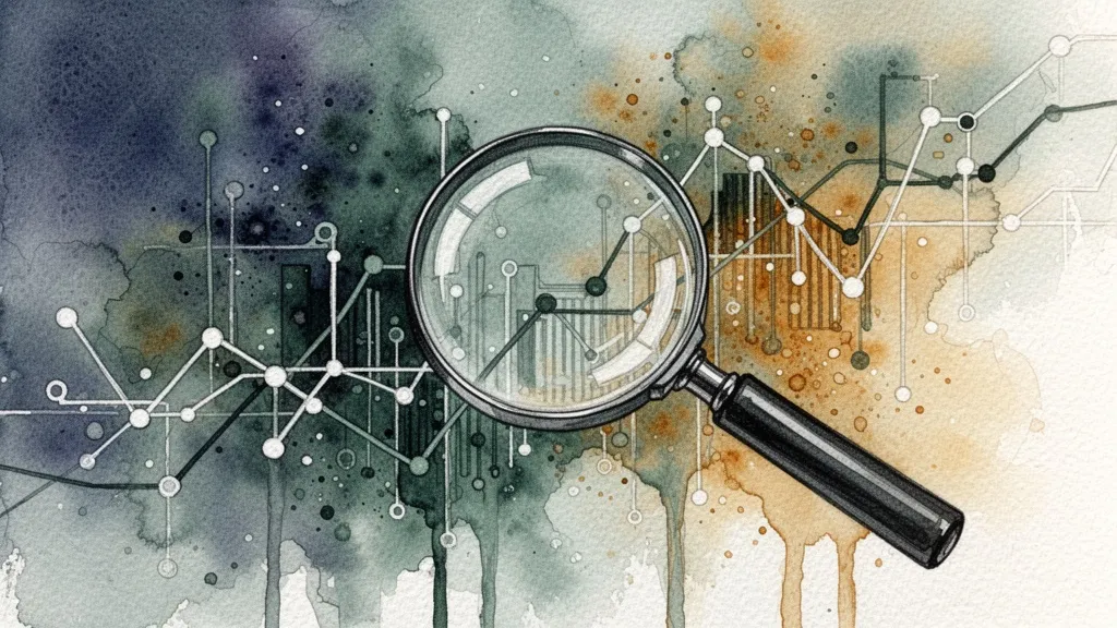 Watercolor of a magnifying glass examining data points for algorithm audit