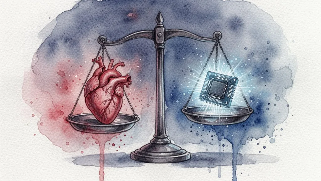 Watercolor of a heart and a chip in balance representing ethics vs technology