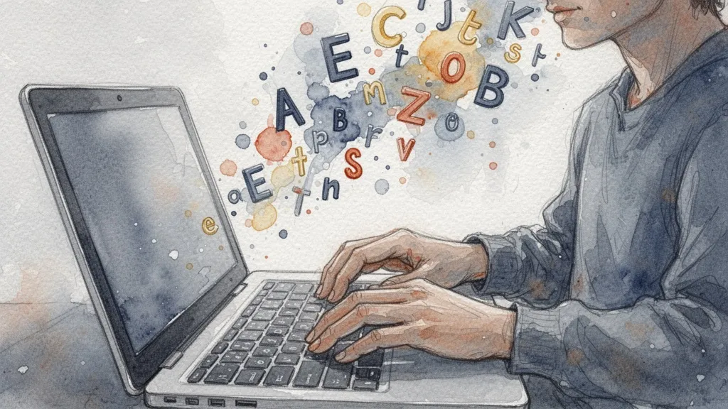 Persona escribiendo en un portátil con letras que se transforman en formas abstractas en acuarela