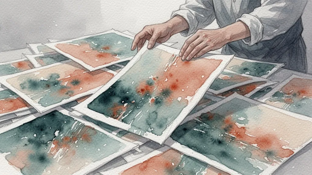 Manos seleccionando una pintura abstracta en acuarela entre varias, simbolizando la curaduría creativa