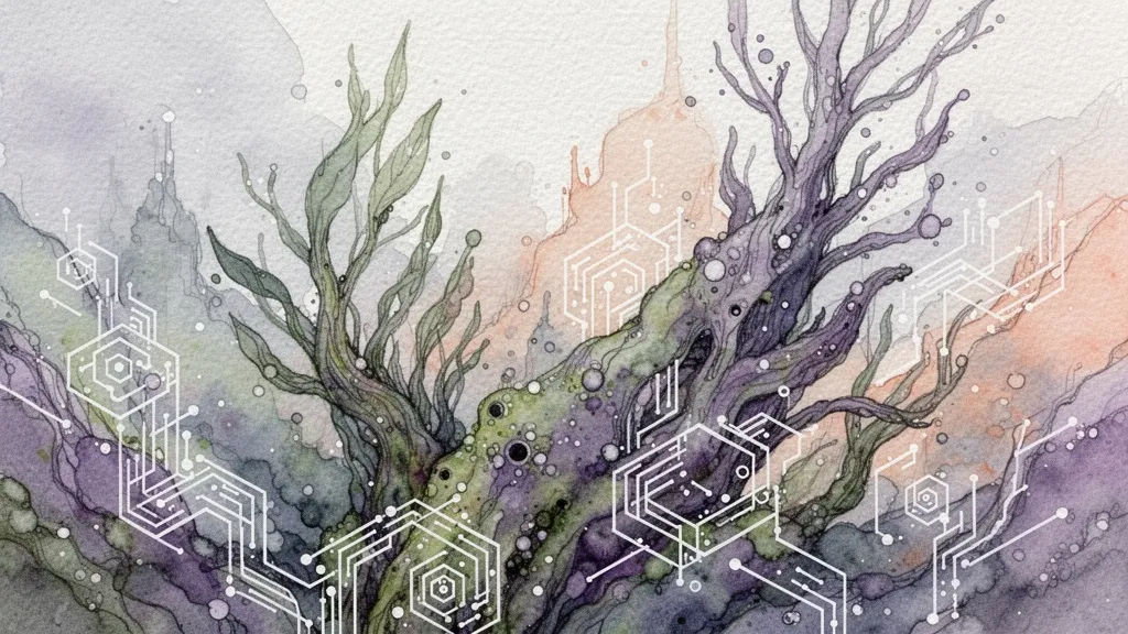 Paisaje surrealista en acuarela que mezcla formas orgánicas y patrones geométricos digitales