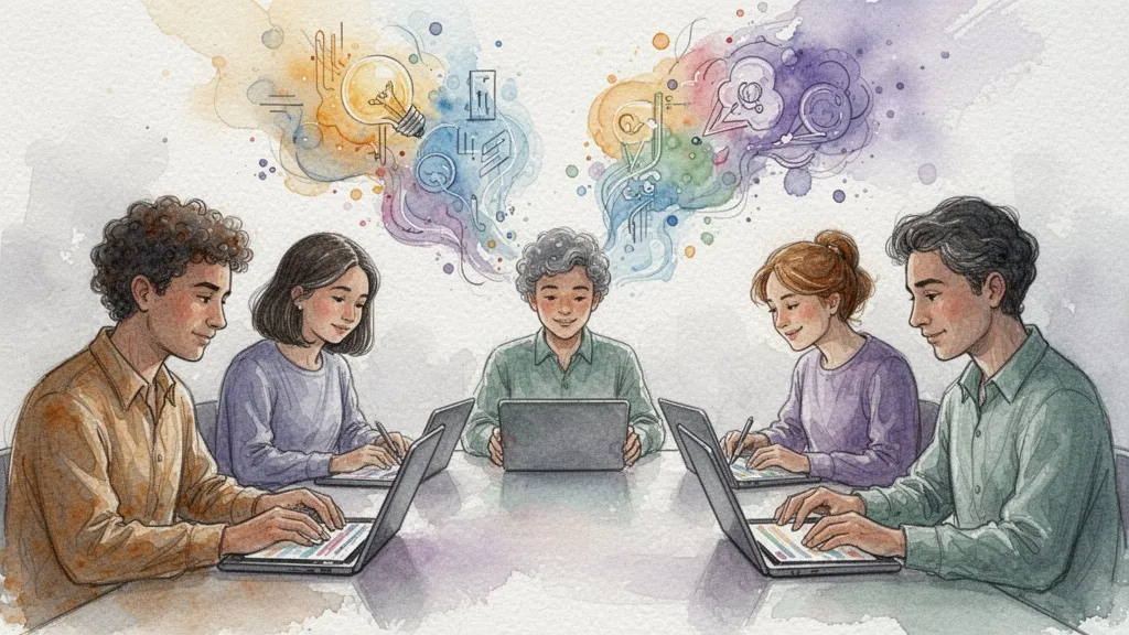 Grupo diverso de personas creando con dispositivos digitales, con ideas abstractas en acuarela flotando sobre ellos