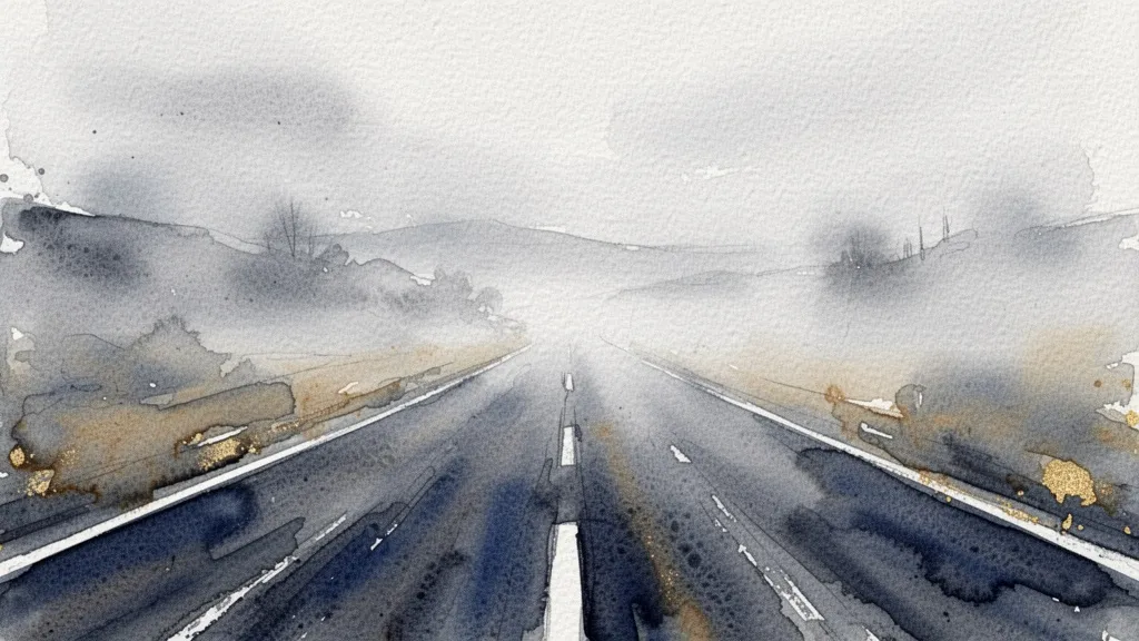 Camino abierto en acuarela hacia un horizonte brumoso, simbolizando el viaje creativo