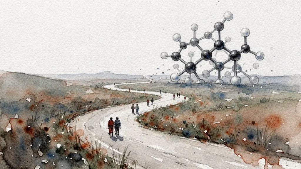 Watercolor camino largo del desarrollo de fármacos con molécula al fondo