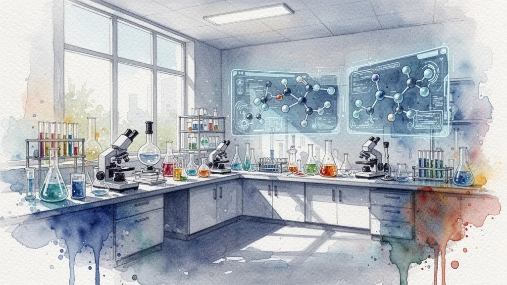 Watercolor laboratorio del futuro con IA y moléculas