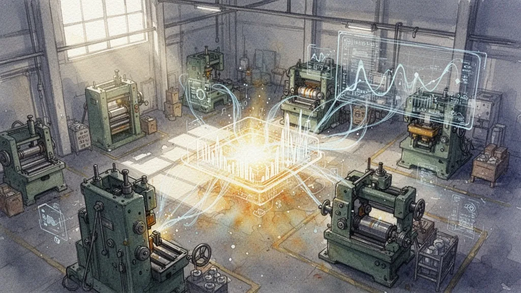 Planta de fábrica con superposición digital de datos desde arriba en acuarela