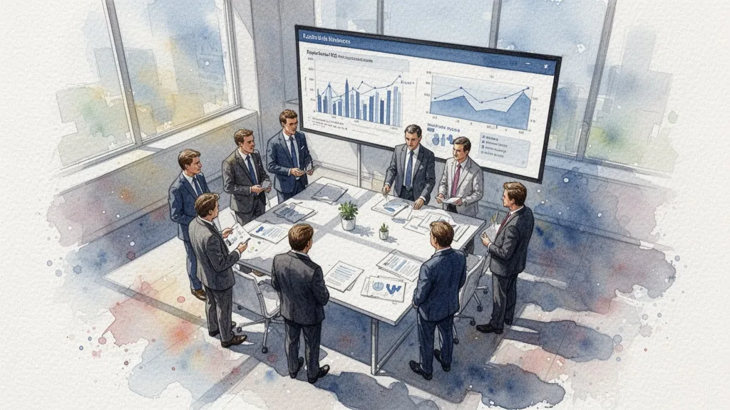 Grupo de empresarios alrededor de una mesa con pantalla de datos vista aérea en acuarela