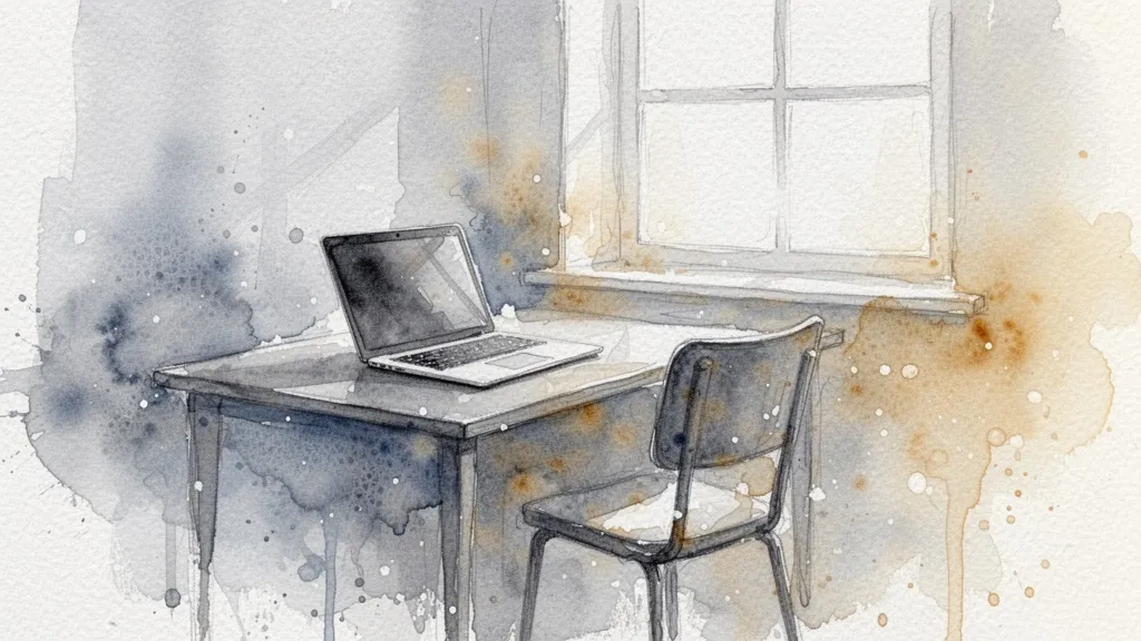 Acuarela abstracta de un escritorio con portátil y ventana