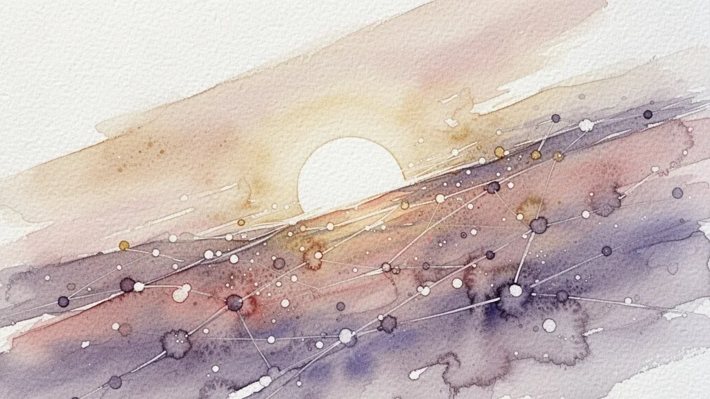 Amanecer abstracto en acuarela con puntos y líneas conectados