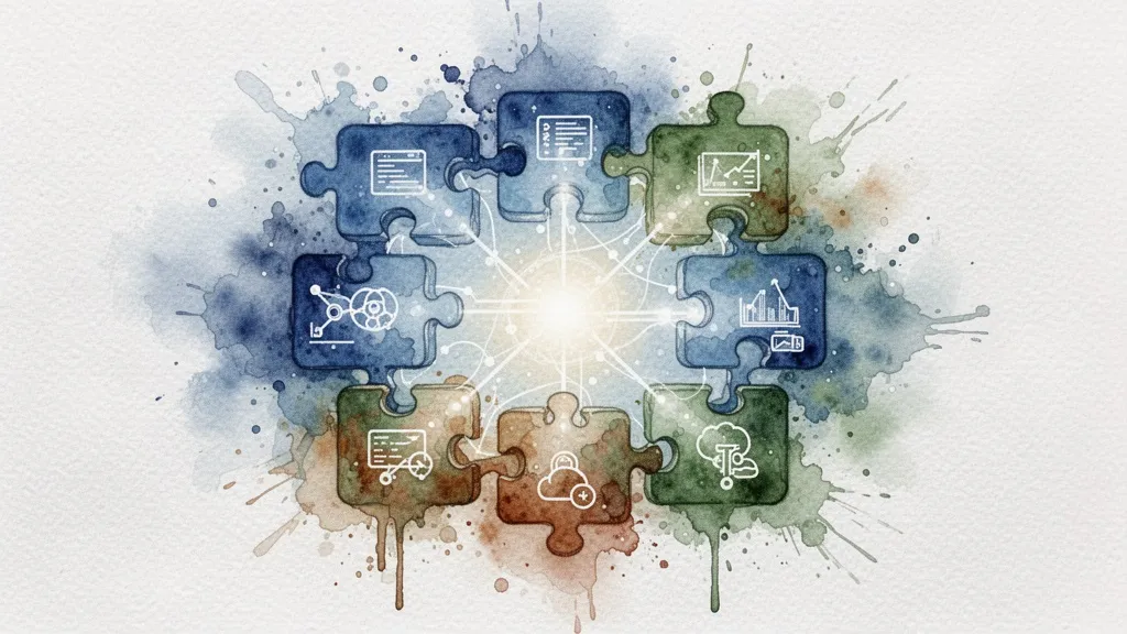 Ilustración abstracta de piezas de software interconectadas formando un ecosistema integrado
