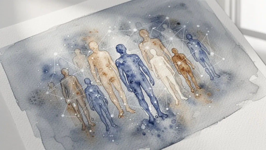 Siluetas humanas conectadas por líneas digitales en acuarela abstracta