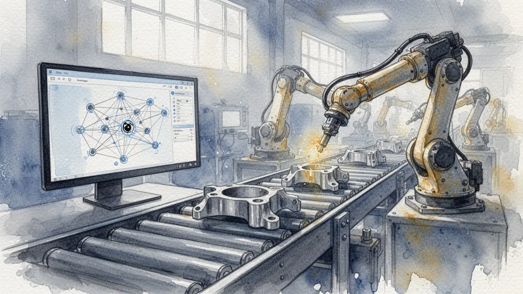 Watercolor scene of AI vision system inspecting manufactured parts on a conveyor belt