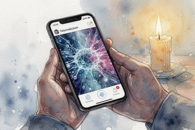 Person using telemedicine app on smartphone for mental health support